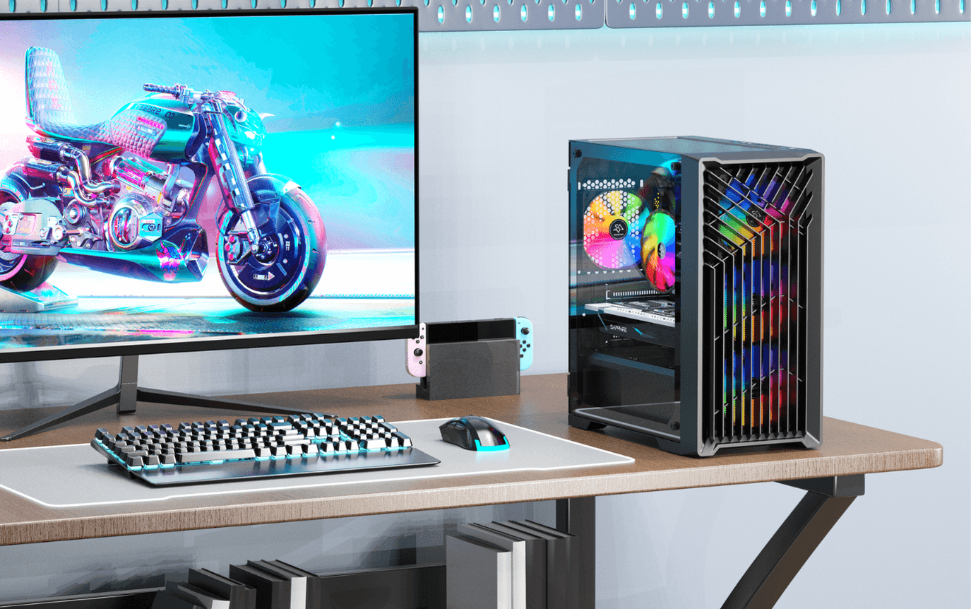 Stylish and powerful gaming PC setup featuring the best gaming PC build 2023 with RGB-lit fans, a high-performance monitor displaying a futuristic motorbike, and essential peripherals like a gaming keyboard and mouse. Ideal for gaming builds and most popular gaming PC enthusiasts, this setup supports high FPS gaming and top-tier performance. Perfect for budget gaming PC builds, custom configurations, and online gaming with the best PC parts 2023, this complete PC build is a top choice for gamers. Great for tower gaming, gaming PC reviews, and all gaming needs, including video gaming PCs and high-end computers.