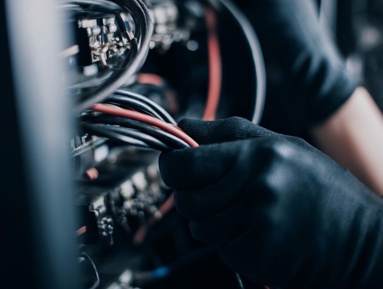 A person wearing black gloves is carefully handling a bundle of colorful insulated wires connected to electronic equipment, highlighting precision in a technical or engineering environment.