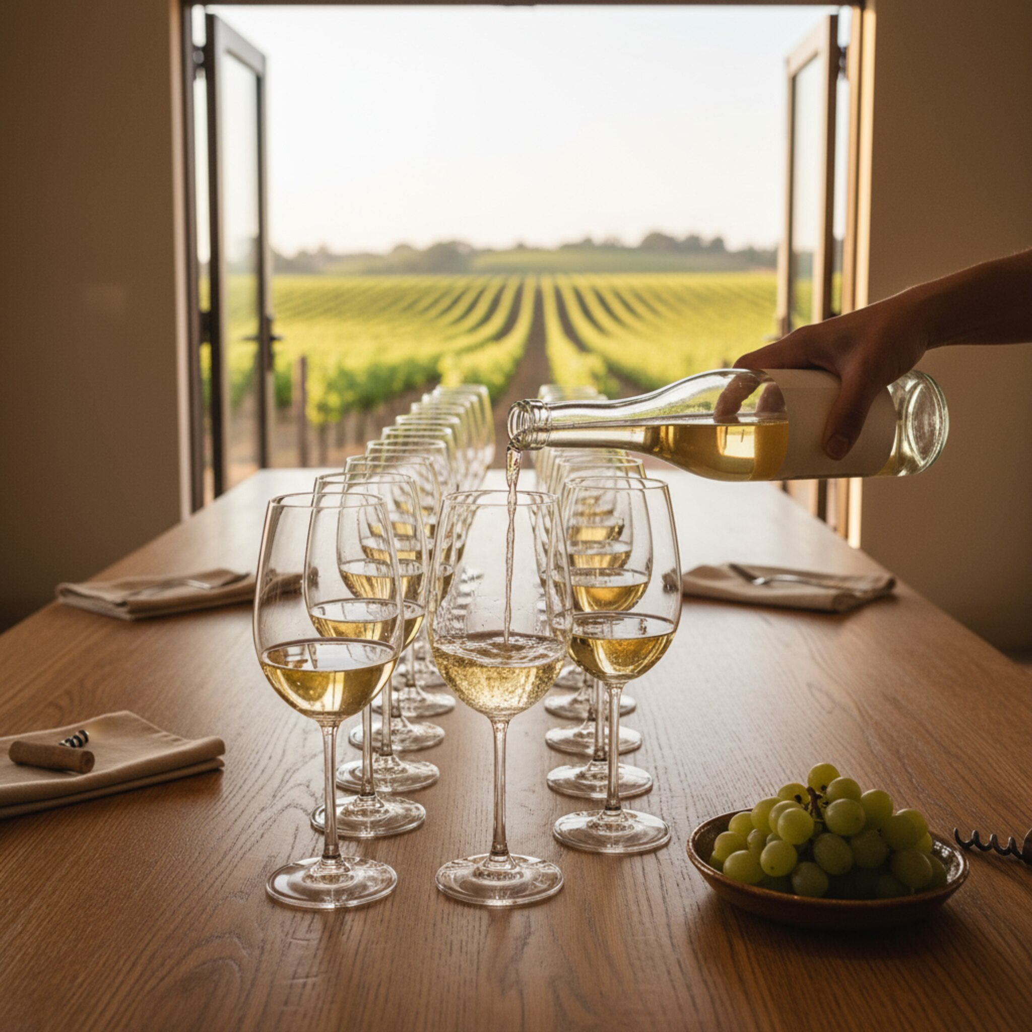 Spätes Nachmittagslicht fällt auf einen langen Holztisch im Probierraum. Feine Weißweine funkeln in aufgereihten Gläsern, während eine Hand langsam einschenkt. Im Hintergrund öffnen sich Türen zum Weinberg, Reben schimmern im Sonnenlicht. Es wirkt ruhig, ein Moment voller Vorfreude.