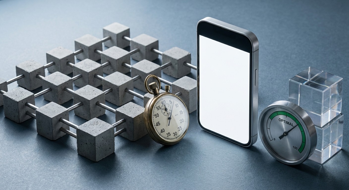 Betonfundament im Raster mit Stoppuhr und Smartphone als Symbol fuer technische Website-Basis