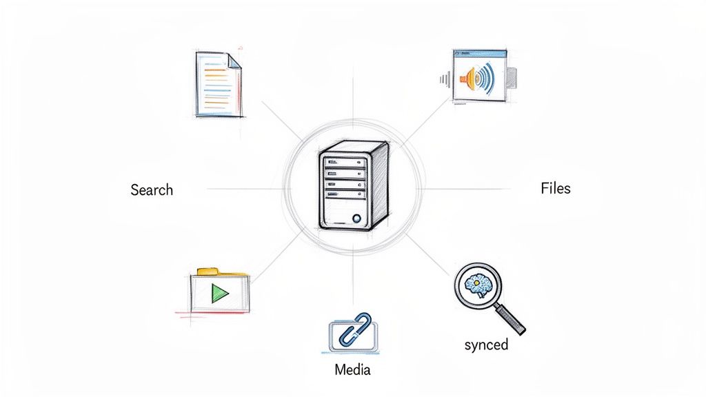 A central server manages and synchronizes diverse digital assets including documents, audio, video, and links for search.