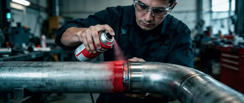 Glospech technician performing ultrasonic testing on pipe flange nozzle weld with angle beam probe and digital UT instrument, industrial plant Gauteng