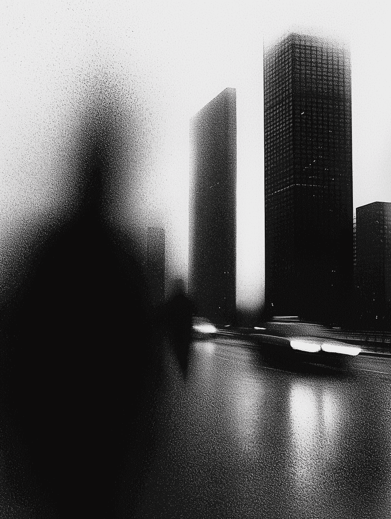 Abstract skyline black and white photograph captures a moody and atmospheric urban scene shrouded in mist or fog.