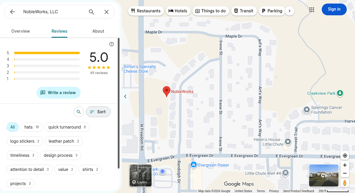 Google Maps listing for NobleWorks in the Fox Valley showing 5.0 stars, review topics and the map pin.