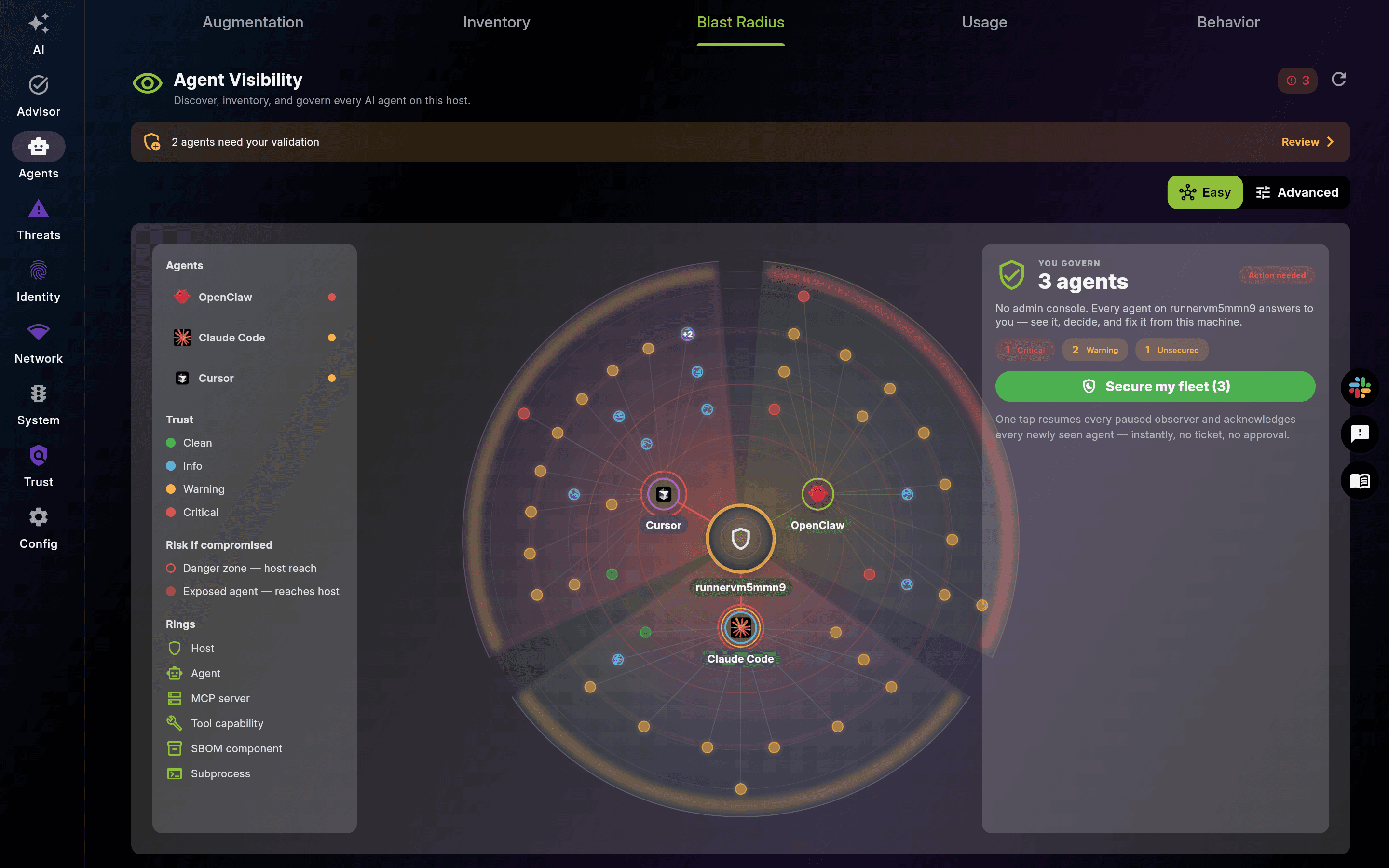 EDAMAME Security Agents tab, Blast Radius subtab: a radial governance map with the host at the centre and Cursor, Claude Code and OpenClaw as petals, red danger arcs where an agent reaches the host, and a single Secure my fleet button