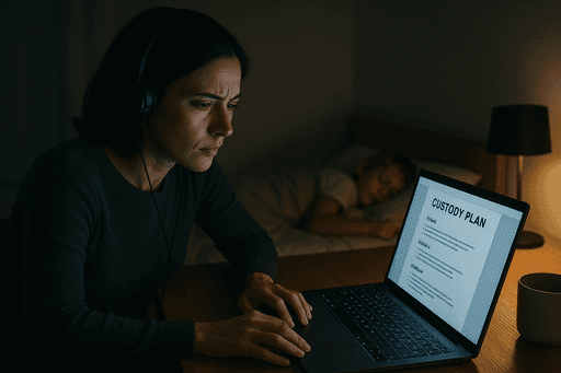 A focused parent working late to complete a parenting plan while their child sleeps nearby.