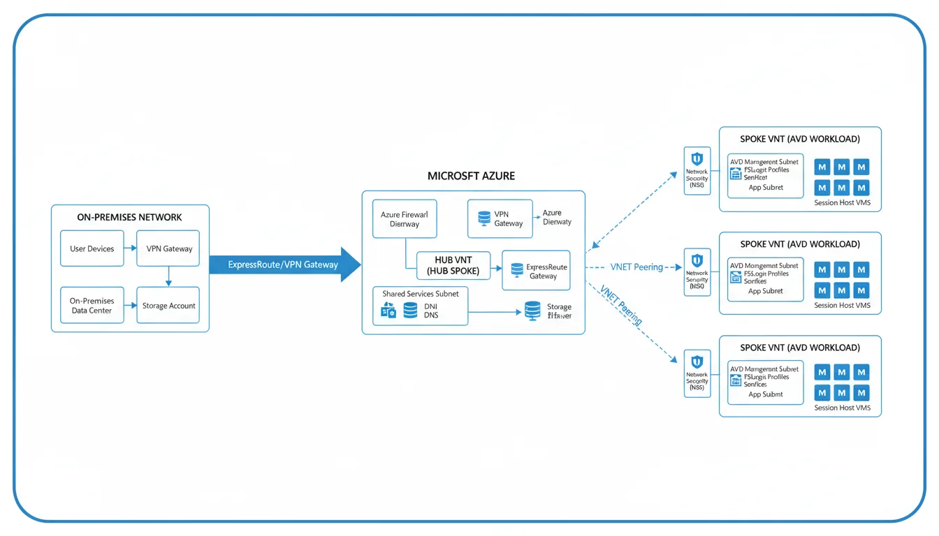 A detailed Microsoft Azure Virtual Desktop (AVD) architecture diagram in a clean, light mode infographic style. The diagram illustrates a hub-and-spoke network topology on a white background, enclosed in a frame with a subtle blue gradient border and rounded corners. It features an on-premises network section on the left connecting to a large central Microsoft Azure section. The layout includes interconnected boxes representing Hub and Spoke Virtual Networks (VNETs), subnets, and components like ExpressRoute, Network Gateways, and storage. Standardized flat design Microsoft Azure icons in a solid blue color represent virtual machines (VMs), servers, and network security groups (NSGs). Grids of VM icons are shown within desktop subnets. Blue lines and arrows indicate data flow and VNET peering. Placeholder technical labels and abstracted text lines are used throughout.