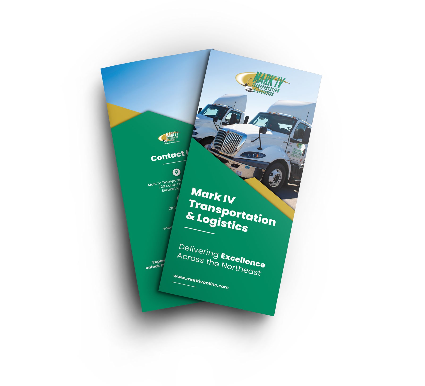 Tri-fold brochures for Mark IV Transportation & Logistics. The front shows white trucks under a blue sky, conveying reliability and delivering excellence