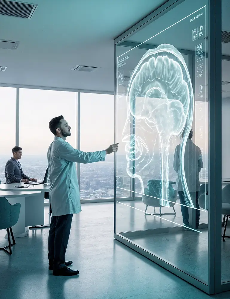 Imagem de um homem com jaleco branco apontando para um painel digital