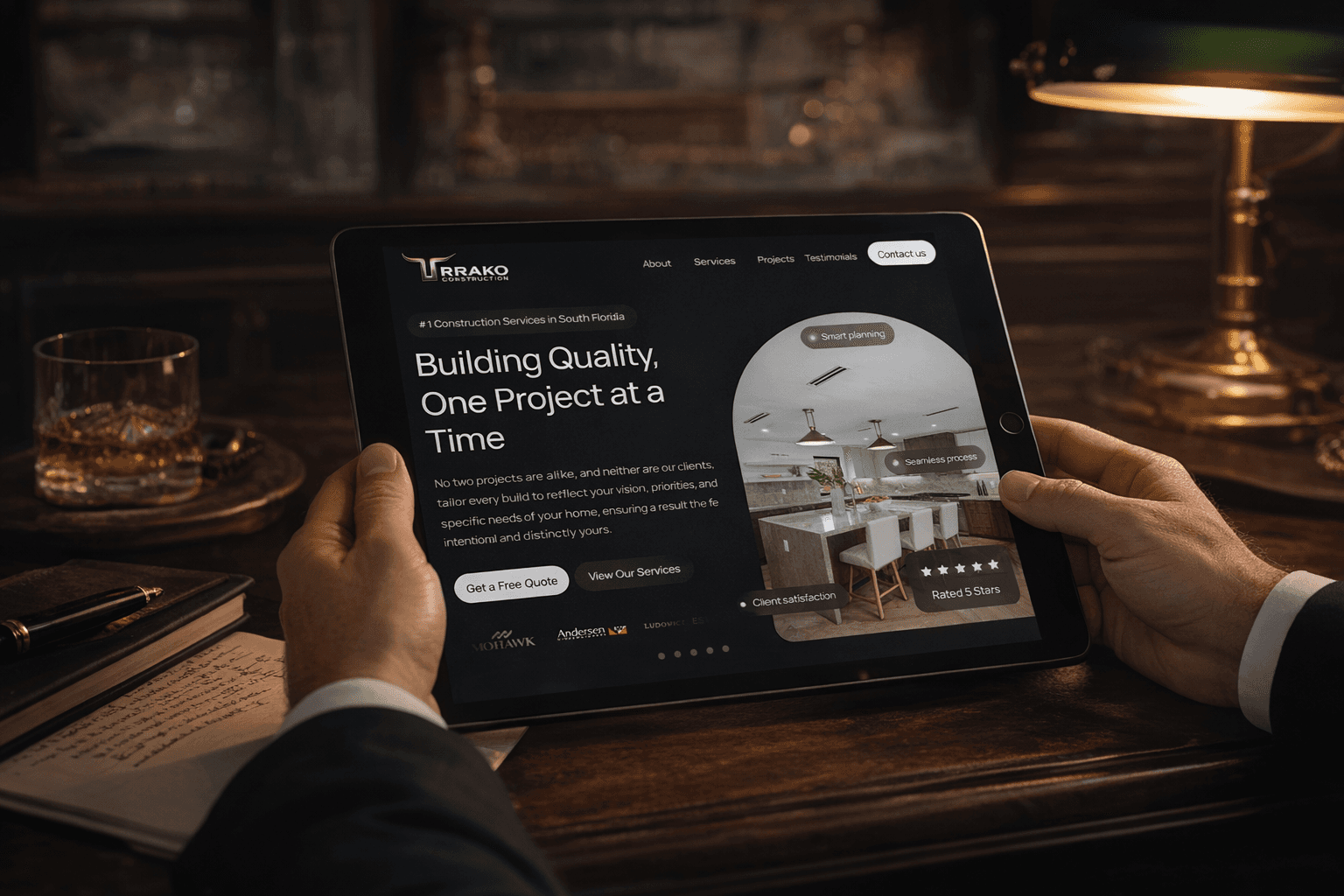 Smiling young woman with long hair standing against a dark green background, holding a finger to her chin.