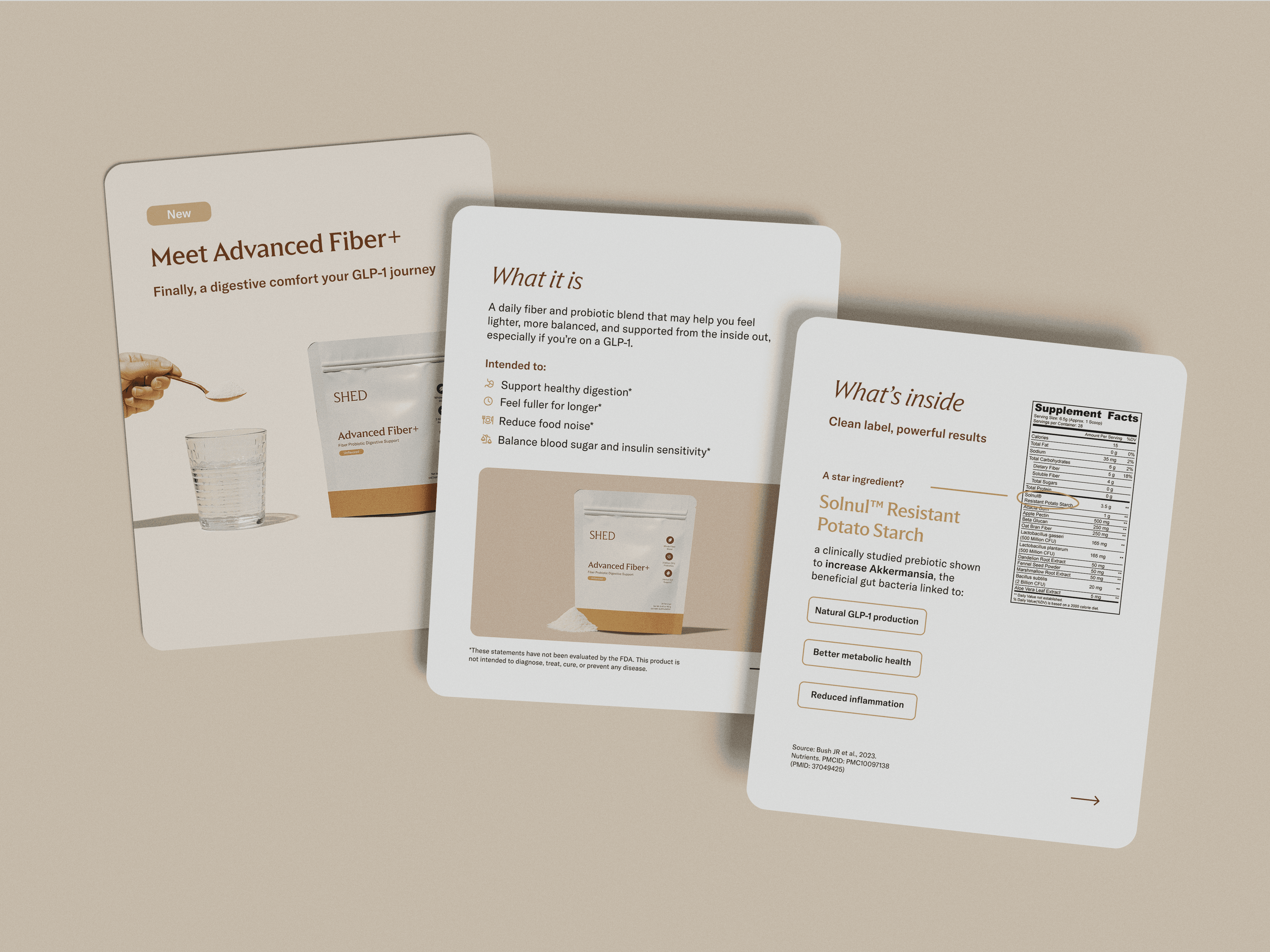 Advanced Fiber+ fiber and probiotic supplement displayed on cards.