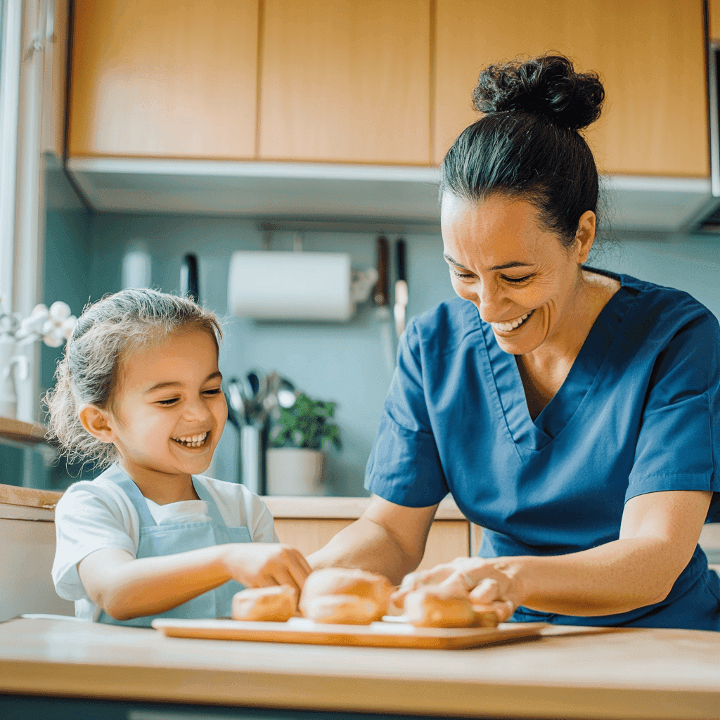 A woman and a young girl smile while playing with dough on a kitchen counter, creating shapes together.