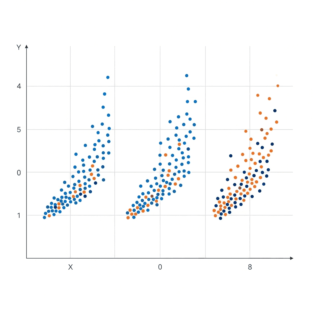 A clean, modern visualization showing scattered data points on an x-y coordinate grid displaying three distinct patterns: one cluster showing positive correlation with points trending upward from left to right, another cluster showing negative correlation with points trending downward, and a third cluster showing no correlation with random distribution. Include a few outlier points positioned far from the main clusters. Use a professional color palette with blue and orange tones against a light background. Geometric, minimalist style suitable for a technical blog post.