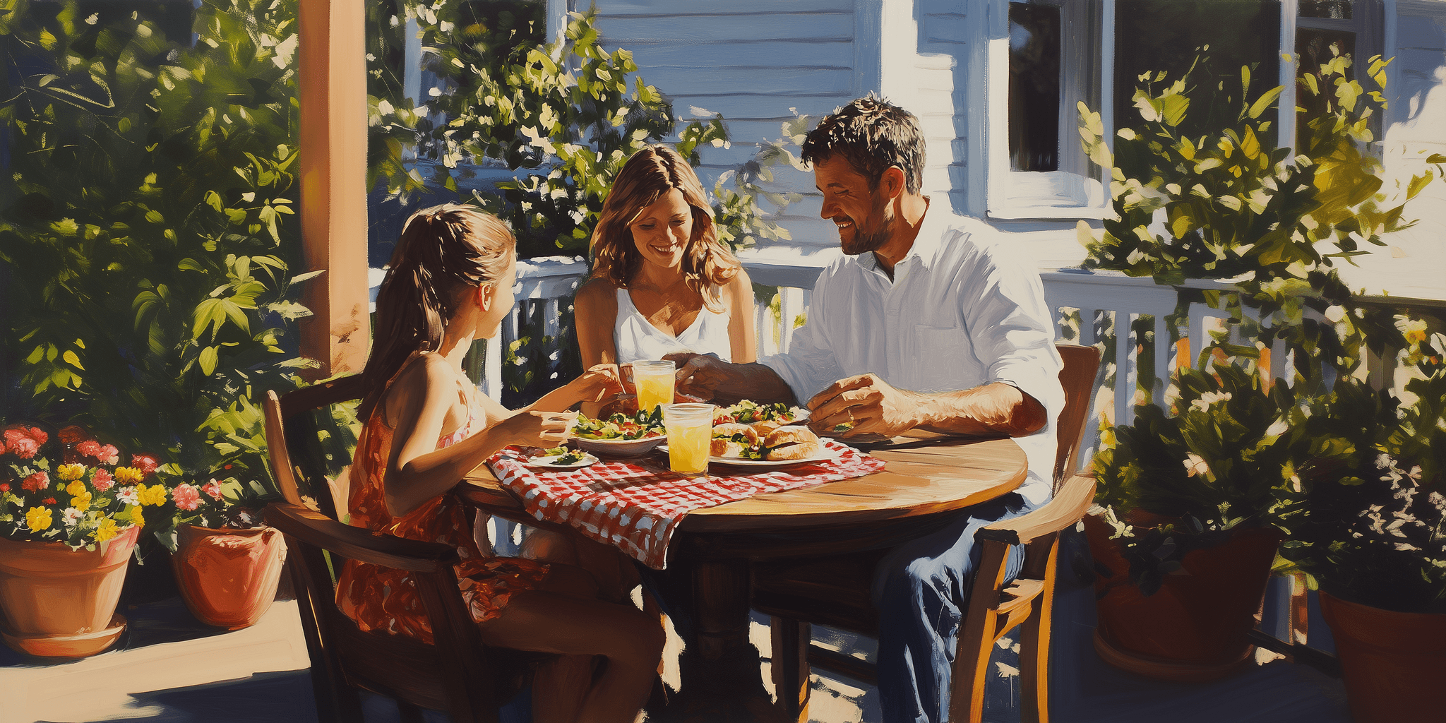 Painting of a family eating dinner on their back porch