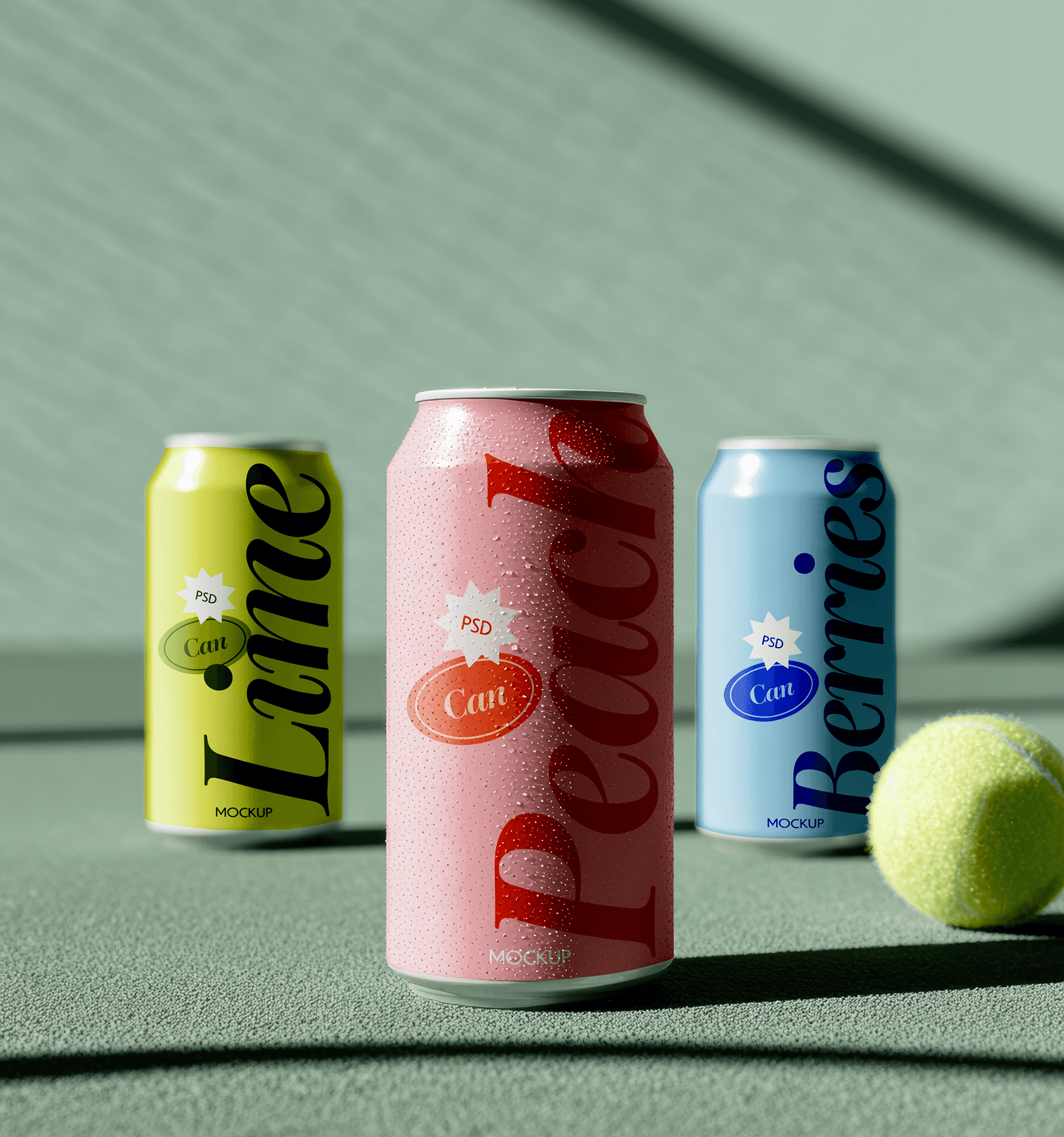 Beverage can mockup set on a tennis court with realistic condensation .