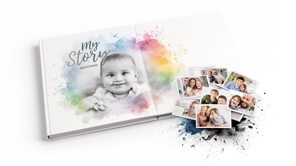 Open photo album 'My Story' with a baby's picture, vibrant watercolor splashes, and a pile of family photos.