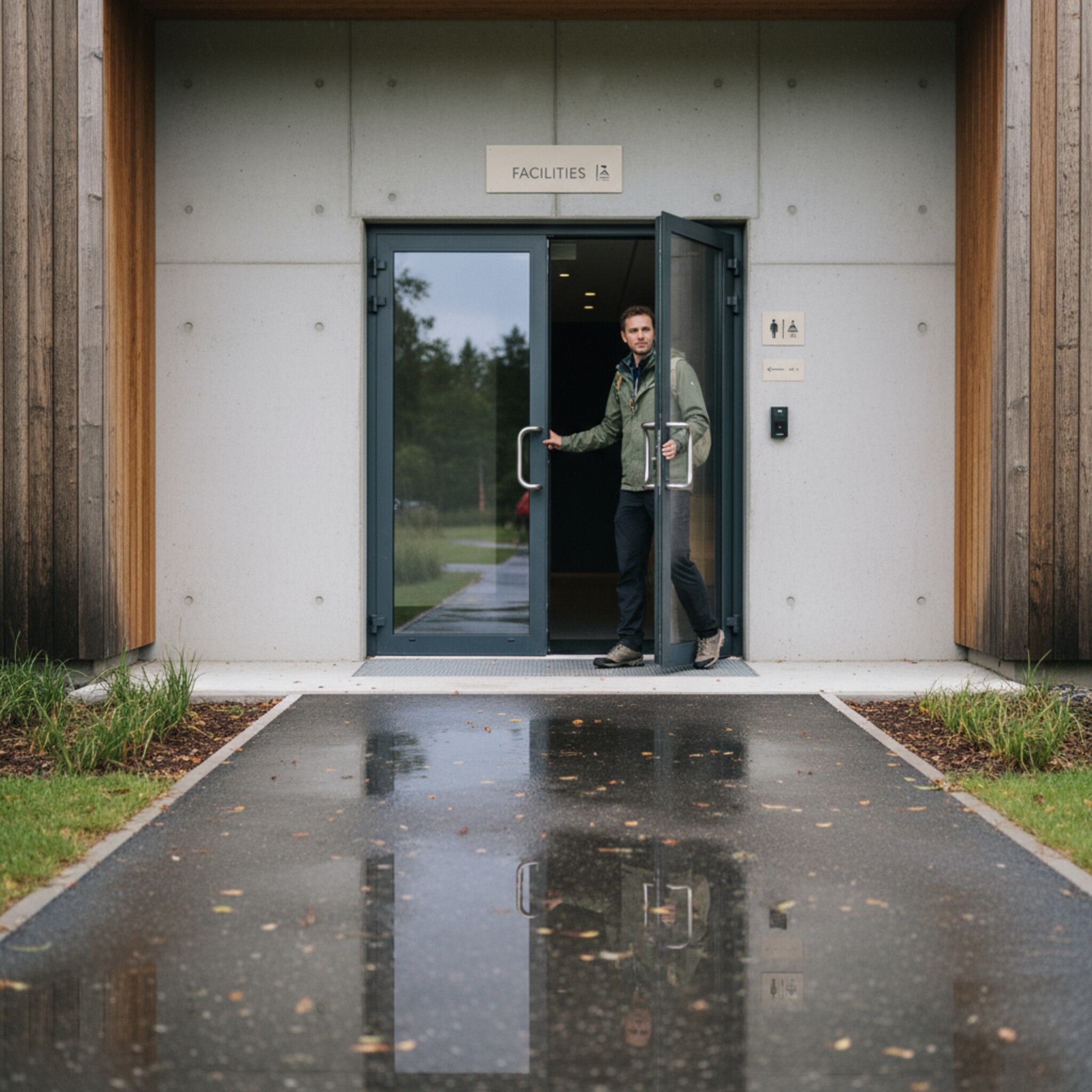 Am Eingang eines Sanitärgebäudes öffnet ein Gast die Tür, die Klinke glänzt im diffusen Tageslicht. Der Eingangsbereich wirkt sauber und großzügig, darüber hängt ein dezentes Hinweisschild. Nach einem Sommerregen stehen kleine Pfützen auf dem Weg. Der Ablauf wirkt unkompliziert und zügig zugänglich.