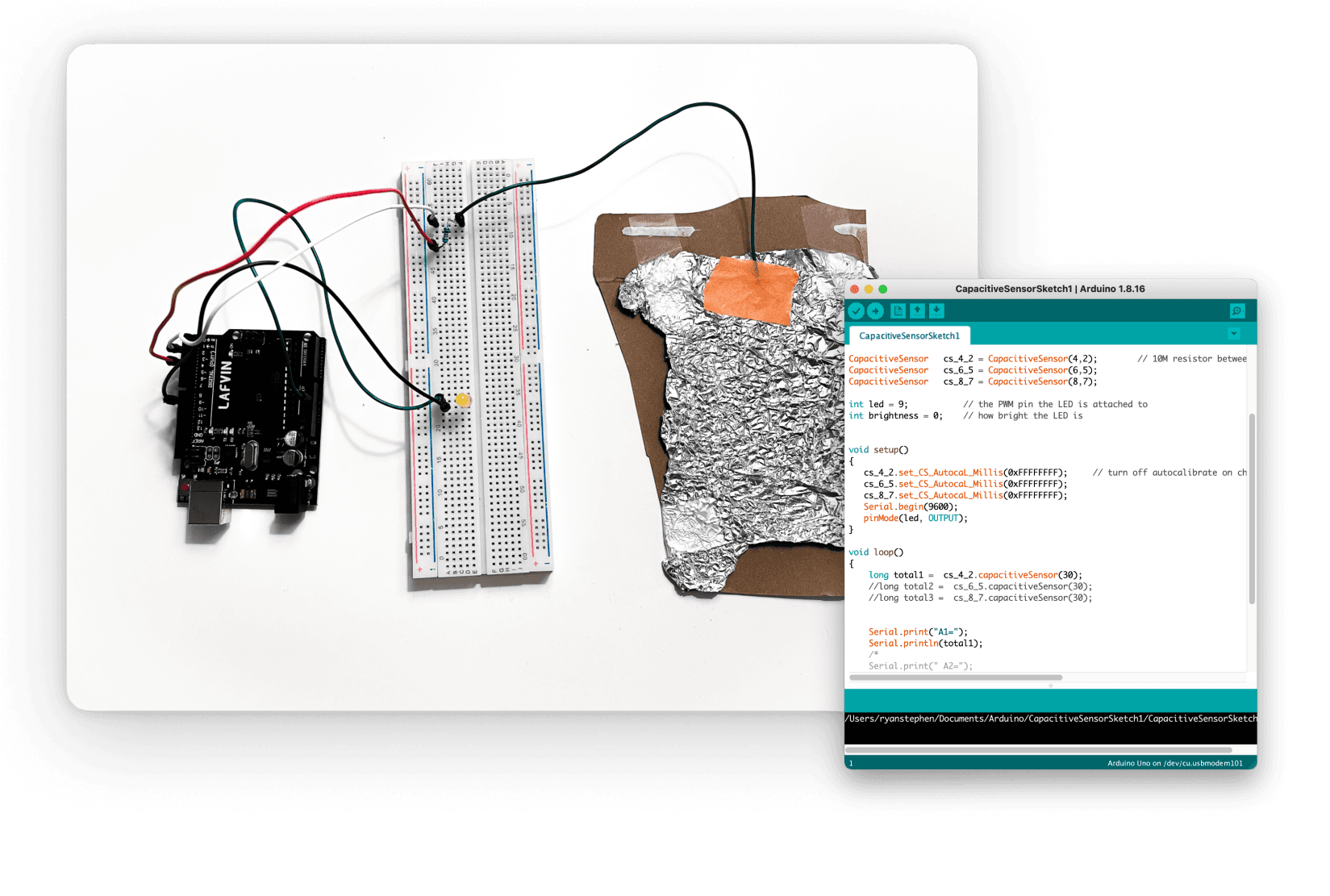 A picture of an Arduino sensor wiring and a screenshot code snippet