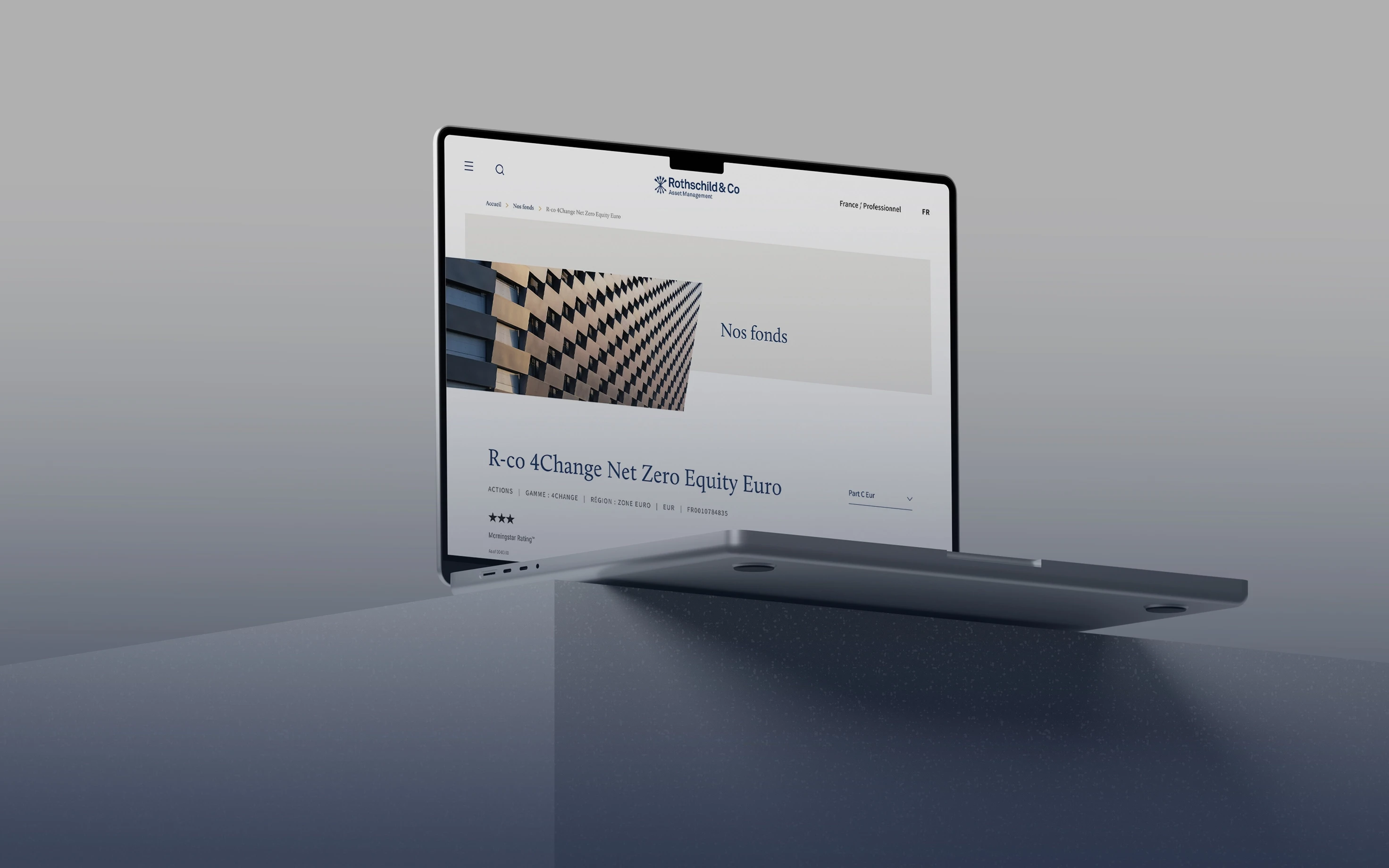 Page fonds du site Rothschild & Co Asset Management affichée sur un ordinateur portable