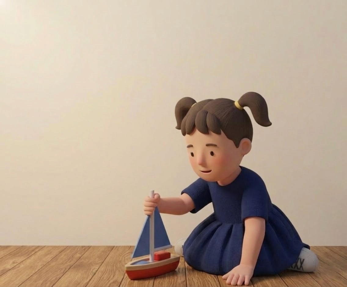 child playing with a toy boat