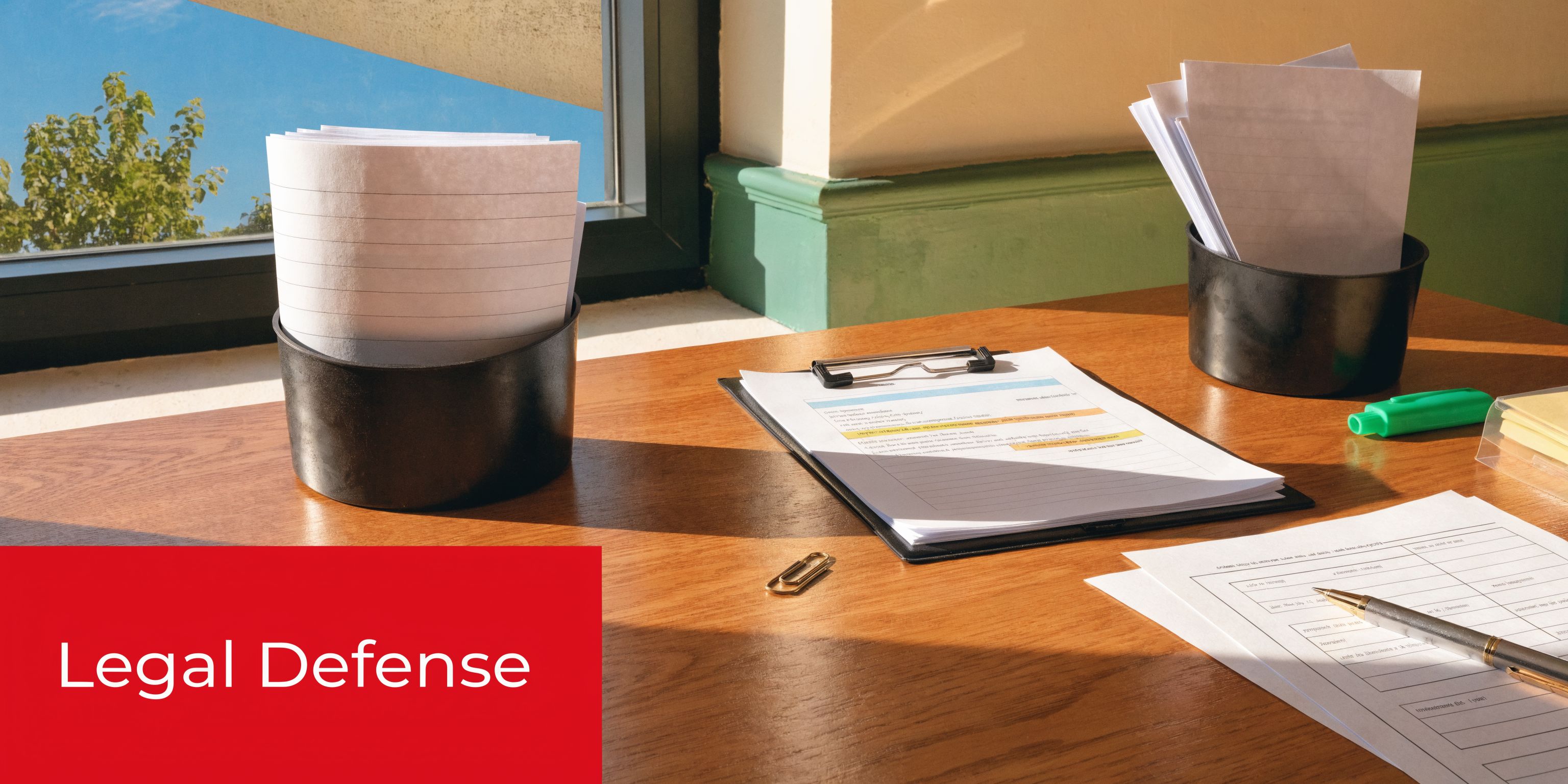 A wooden desk featuring organized paperwork, a clipboard, a pen, and stationery near a bright window.