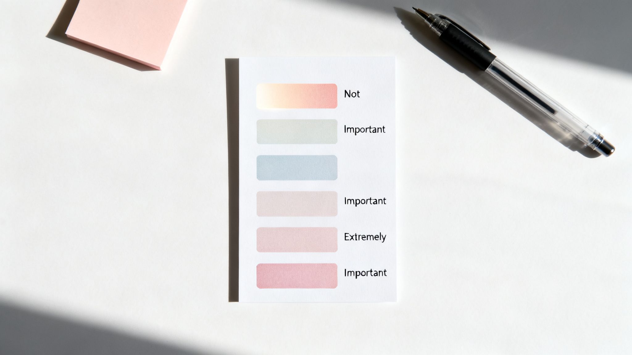 White card displaying a colorful importance scale with labels, next to pink sticky notes and a pen.