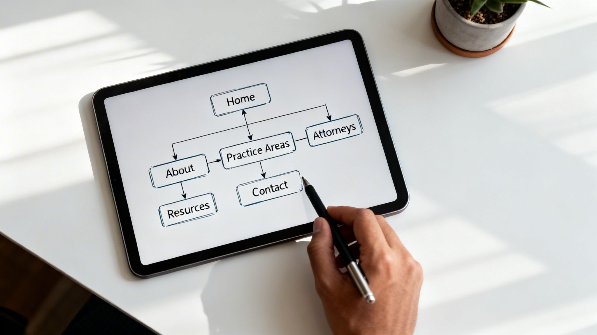 A person sketches a law firm website sitemap on a digital tablet using a stylus, overhead view.