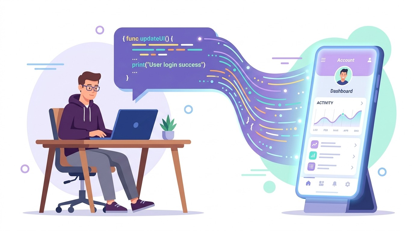 Illustration of a person vibe coding a mobile app in 2026 with code flowing from a chat prompt into a phone screen