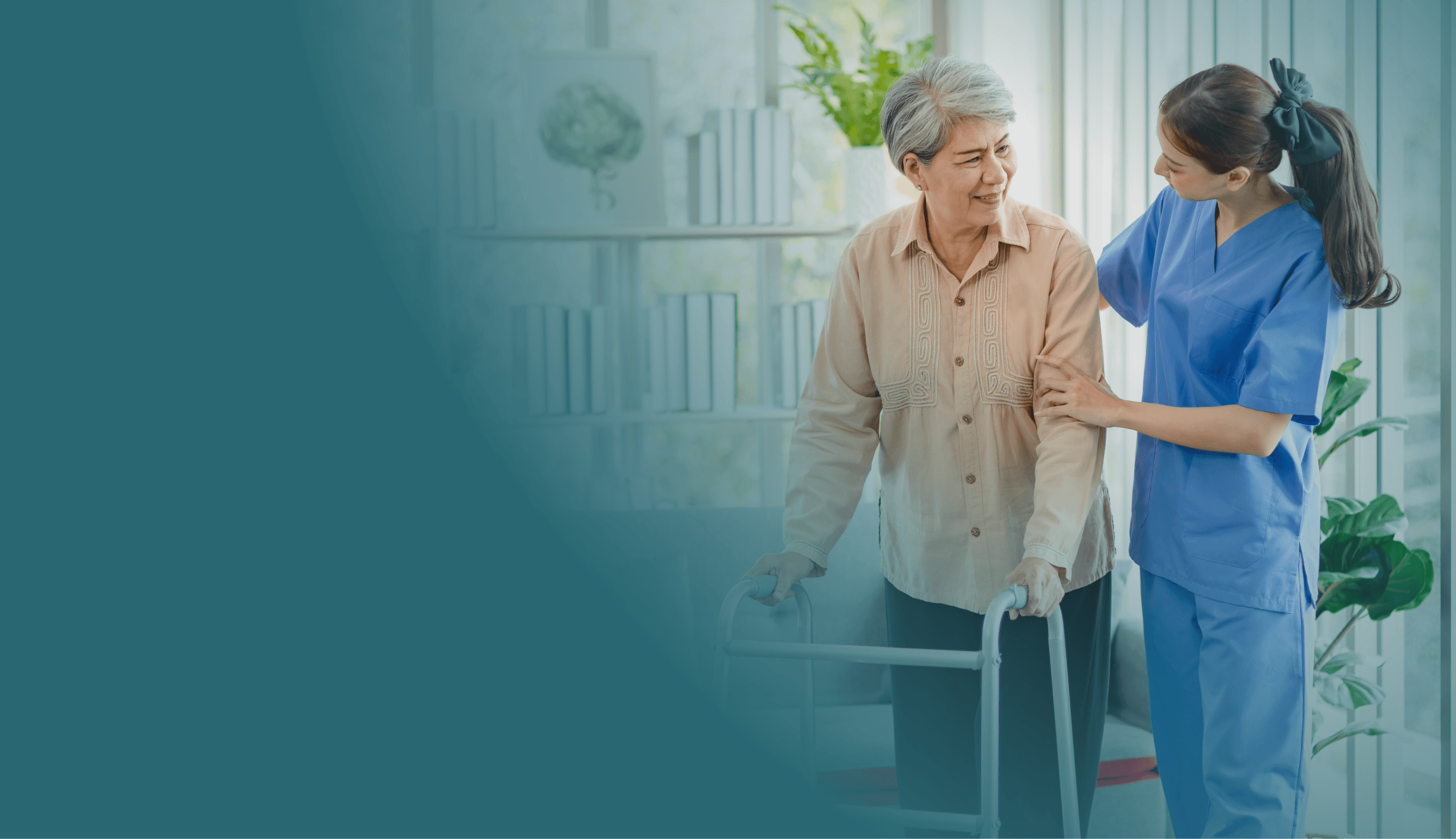 Professional nurse providing mobility assistance to an elderly patient in a bright healthcare setting.