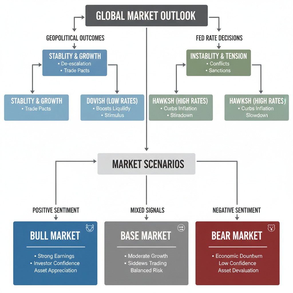 Decision tree infographic displaying potential stock market forecast scenarios based on geopolitical outcomes