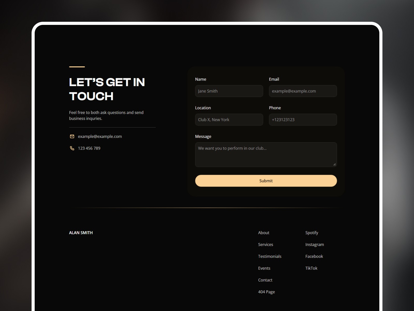 Vibe contact form page on dark background