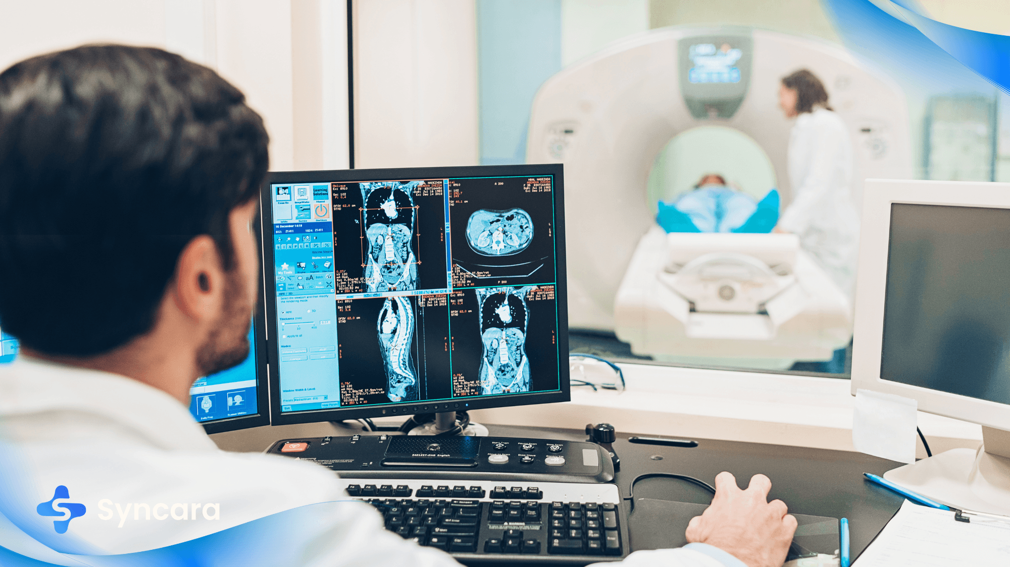 MRI technician reviewing MRI scan images on a computer screen in a medical imaging center.