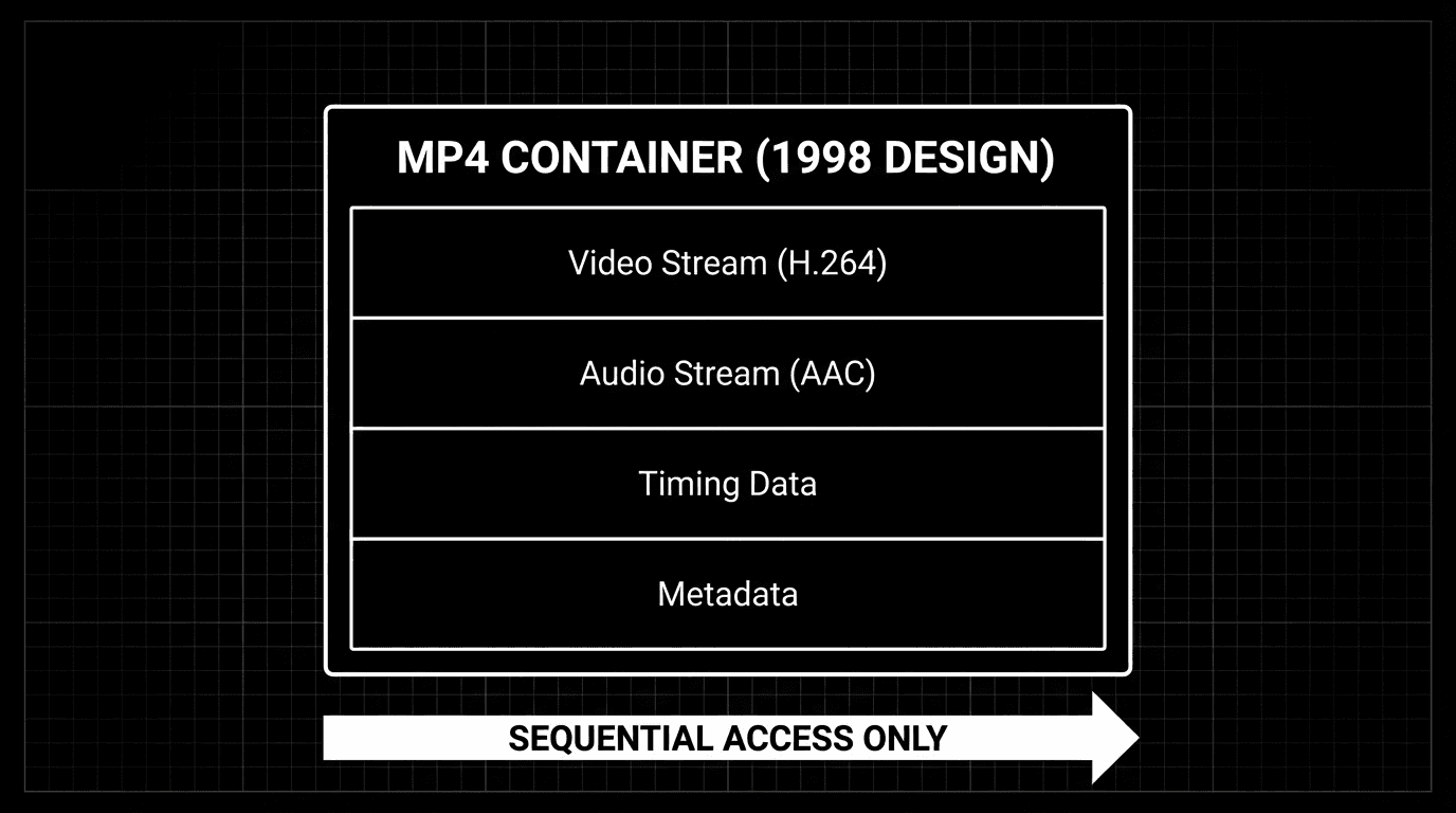 Dark schematic diagram of an MP4 container showing separate video, audio, timing, and metadata layers with a label indicating sequential access only, highlighting legacy design limitations.png