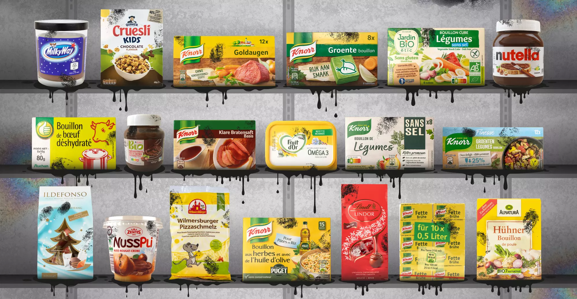 Lebensmittel drei Reihen mit schwarzer tropfender Farbe