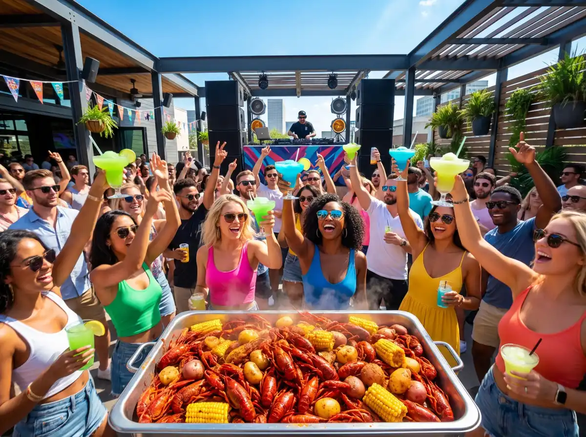 An energetic outdoor day party scene at a Houston bar, featuring a DJ booth, people dancing with colorful frozen cocktails, and trays of crawfish, capturing a lively Spring Break atmosphere