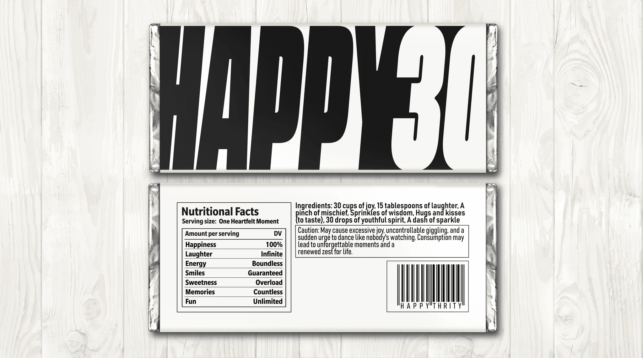 Celebrate the big 3-0 with our Happy 30th Chocolate Bar Wrapper! Designed to fit standard 1.55 oz Hershey bars, this stylish wrapper adds a personal touch to any 30th birthday party. Featuring fun "nutritional facts" and playful ingredients, it's perfect for bringing smiles to the celebration. Whether for a friend, family member, or colleague, this wrapper is an ideal party favor or gift that captures the spirit of this milestone birthday. Easy to print at home, it’s a great way to make the 30th birthday celebration even sweeter. Get yours today and join the festivities!