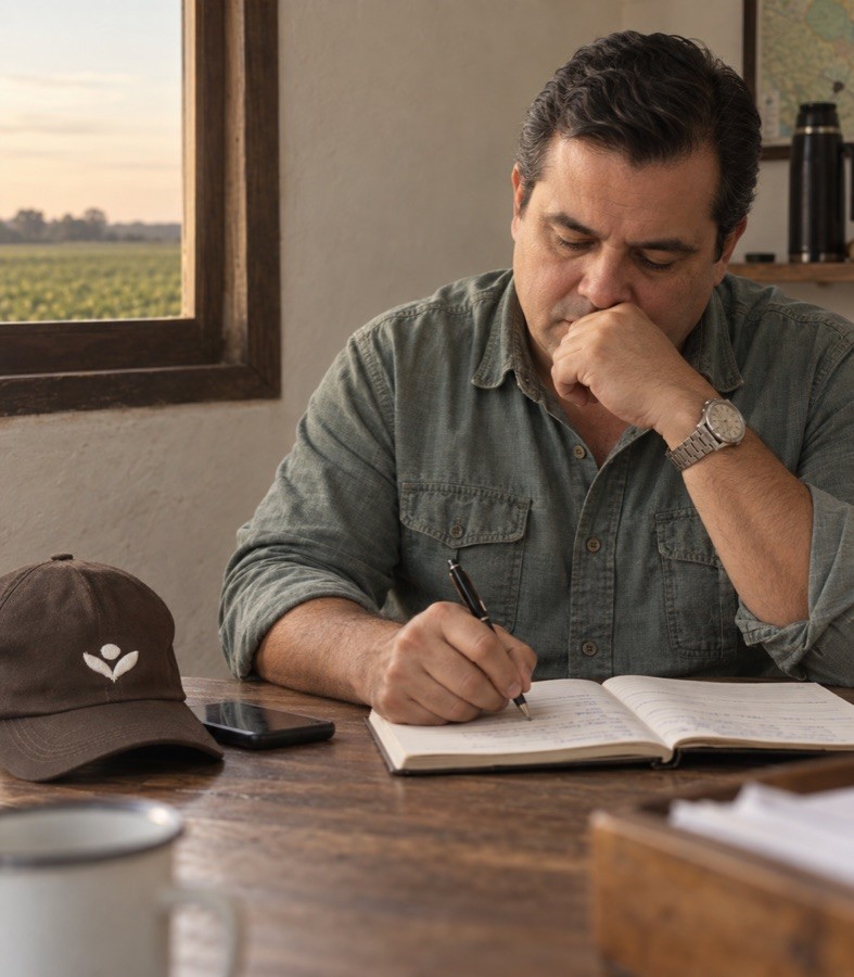 Produtor à mesa da sede no fim do dia, caderno aberto e a lavoura pela janela