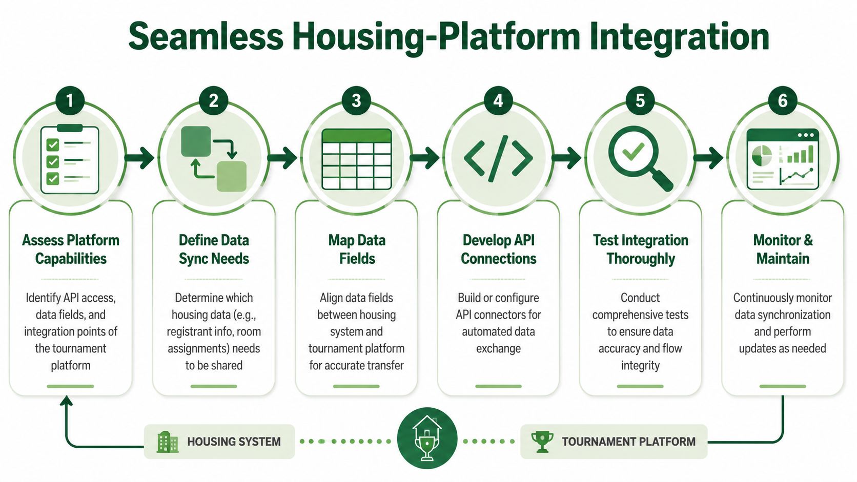 A six-step infographic illustrating the seamless integration process between a housing system and a tournament platform.