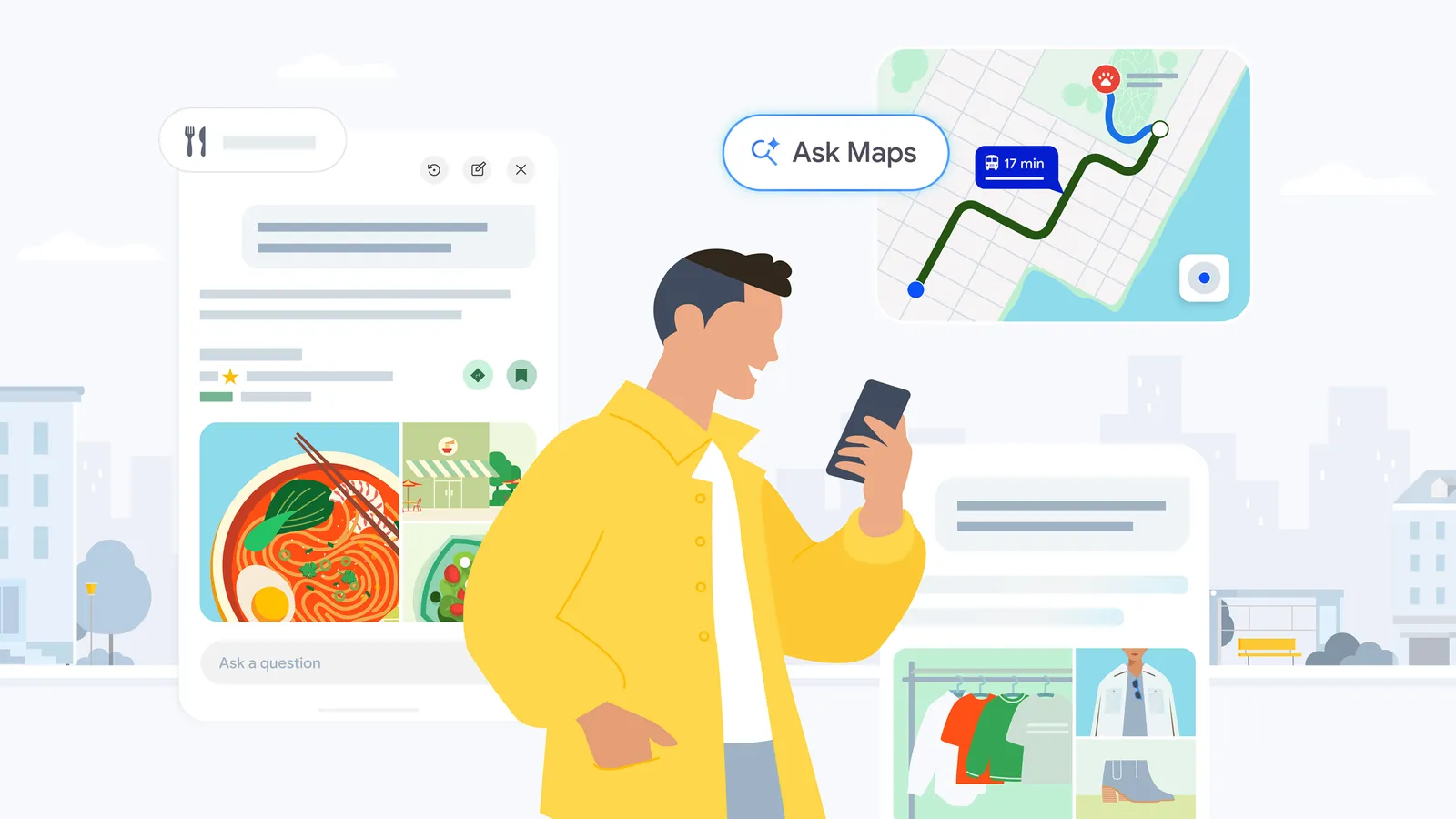 Google's Ask Maps announcement artwork showing conversational local discovery, food and directions