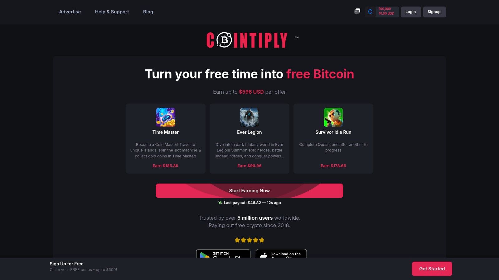A screenshot of Cointiply's mobile app offer section showing various games and the coins offered for playing them.