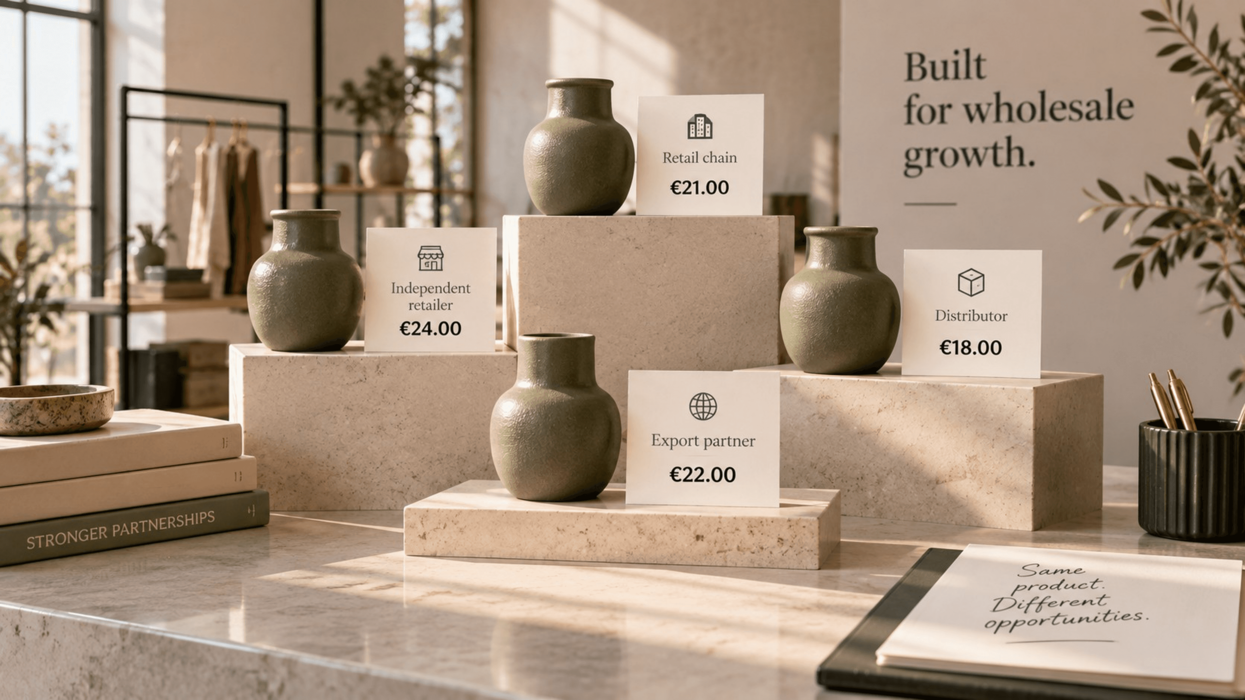 Green vases displayed with different wholesale prices for different customer groups