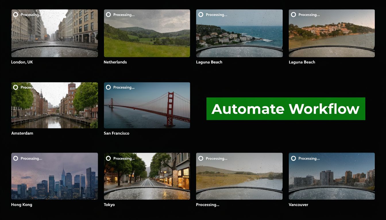 A grid displaying various video scenes from global locations showing a video watermark processing user interface.