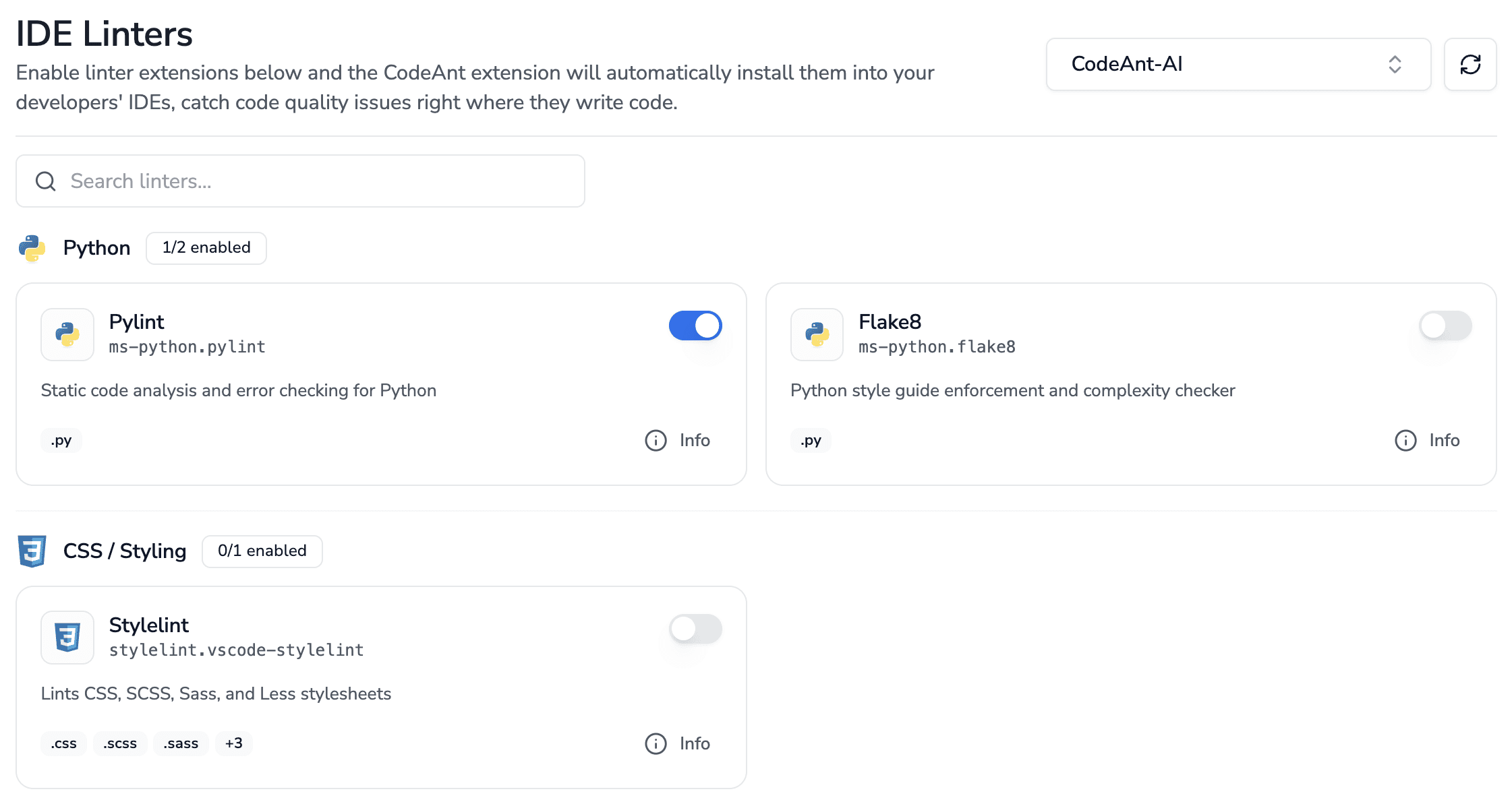 CodeAnt AI IDE Linters dashboard showing enabled linter extensions for Python, CSS, and Java, with toggle controls to auto-install them across developer IDEs.