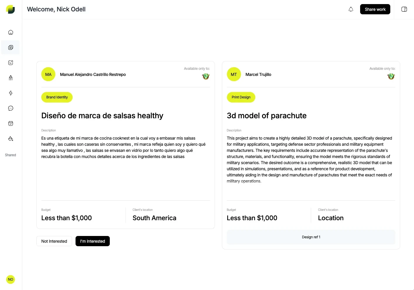 Pantalla de oportunidades de proyecto mostradas según el rango del diseñador