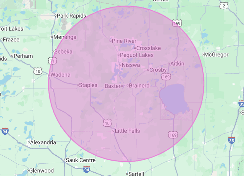 Map with a highlighted pink circle showing the Be Bold Balloons service area coverage region