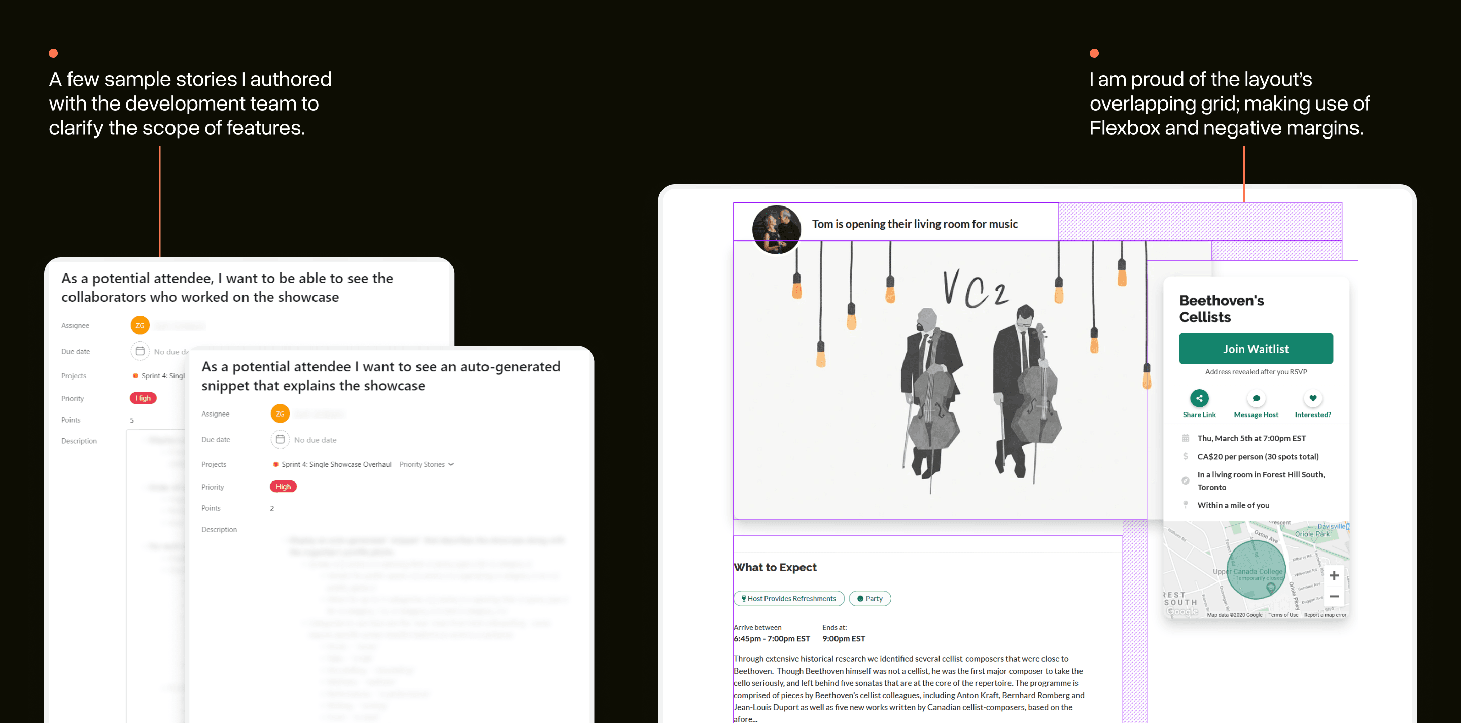 A selection of photos highlighting some of the details of the implementation. On the left there’s some sample user stories that were written. On the right there’s a demonstration of some of the CSS techniques used to implement the page itself.