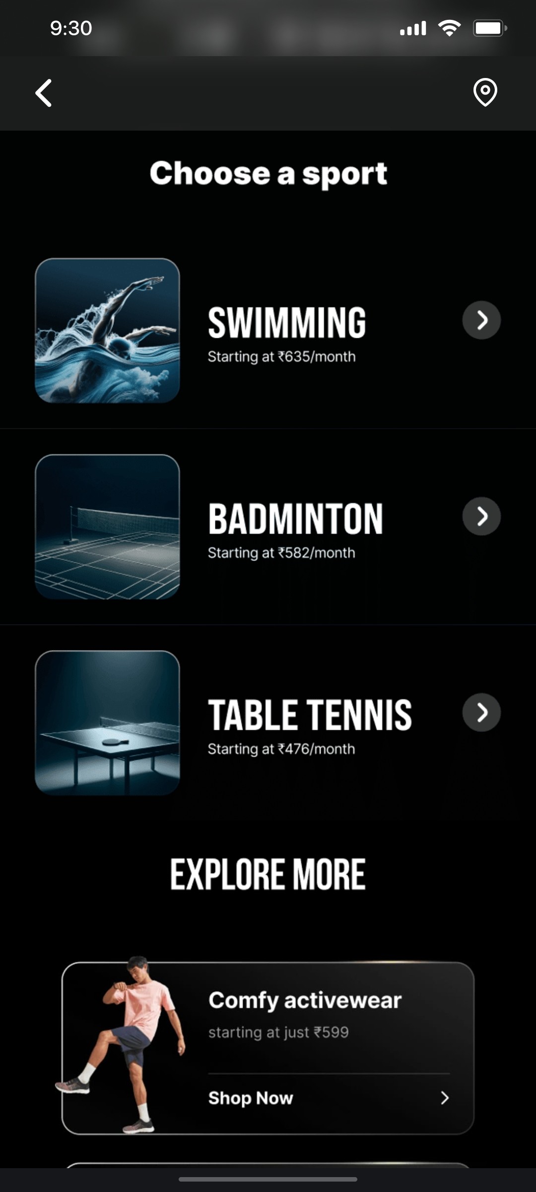 Cult.fit App Choose a sport Screen
