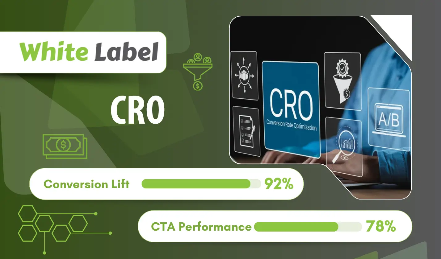 White Label CRO graphic showing 92% conversion lift and CTA performance metrics.