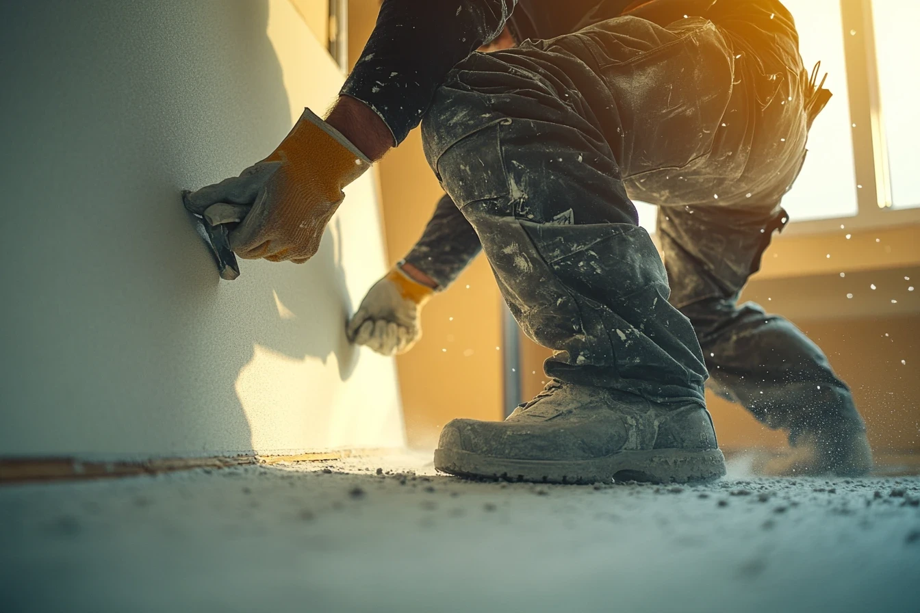 Plaquiste posant des plaques de plâtre sur un chantier