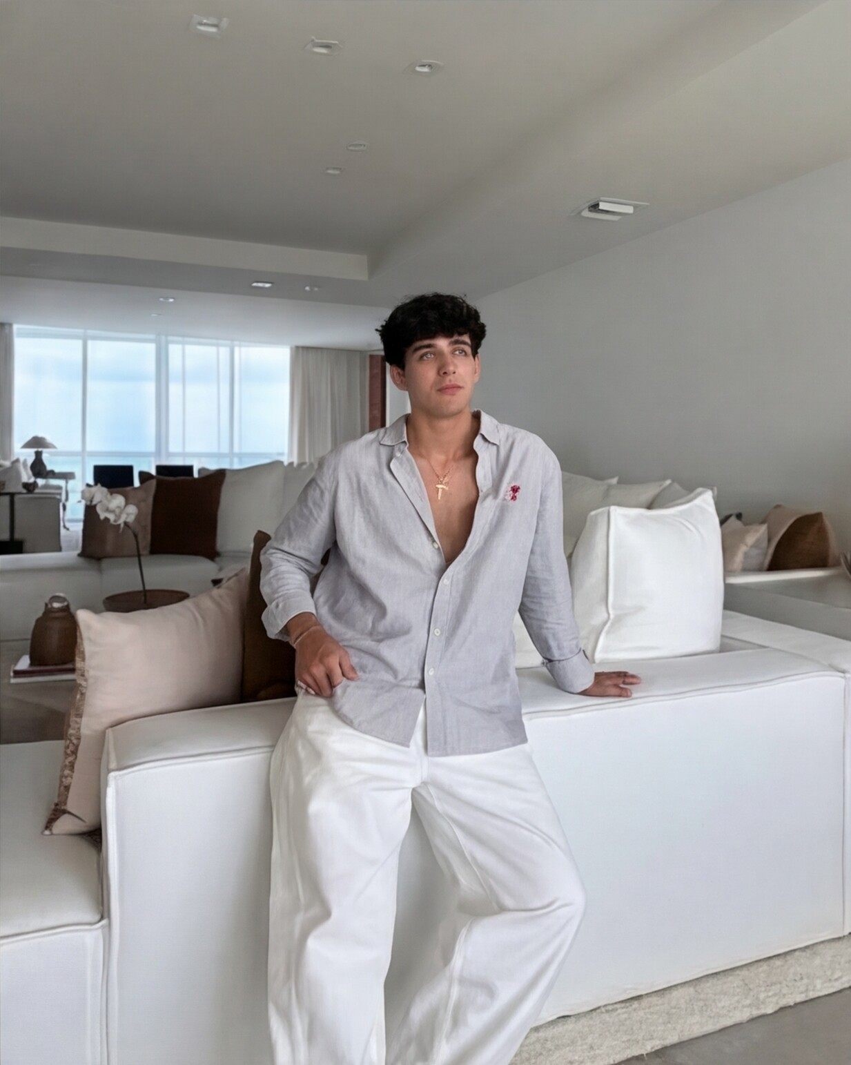 Light Grey Open Shirt with White Trousers